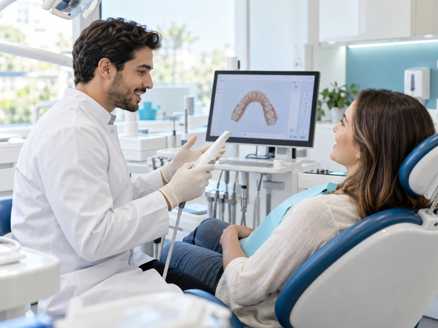 Dentista apresentando a câmera intraoral ao paciente